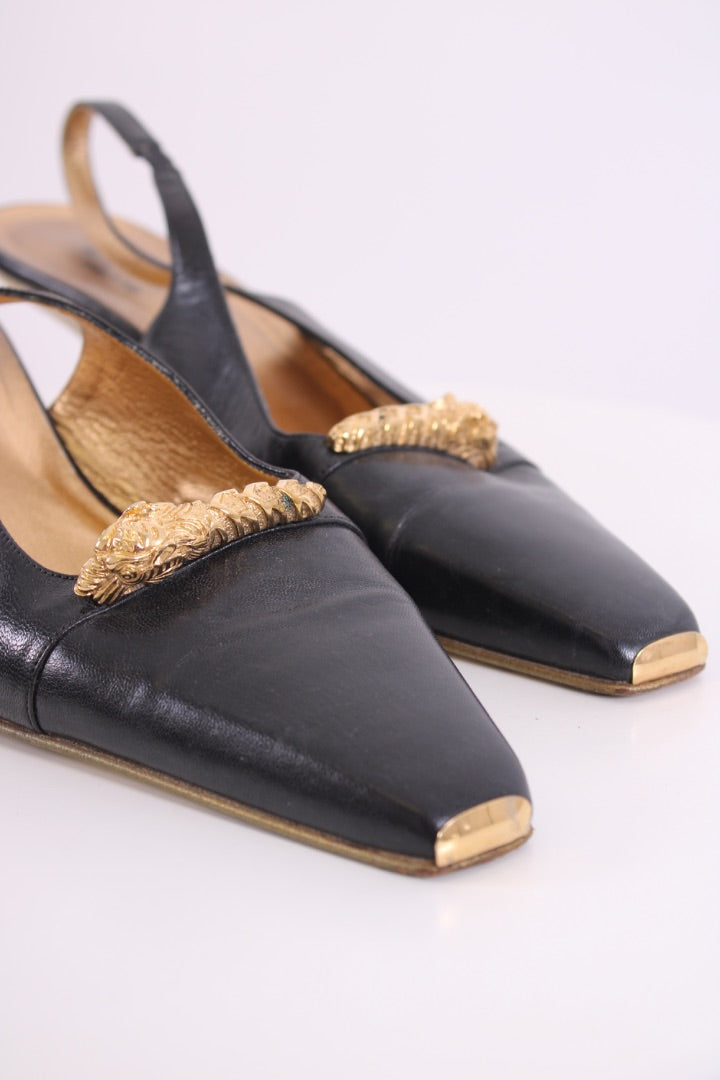 Gucci Dragon Accent Slingback Heels Black/ Gold 40.5 | DEFAULT TITLE, Black