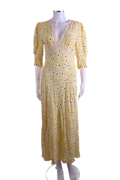 Rixo S/S Flower Print Dress Yellow/ White 10 | O/S, White