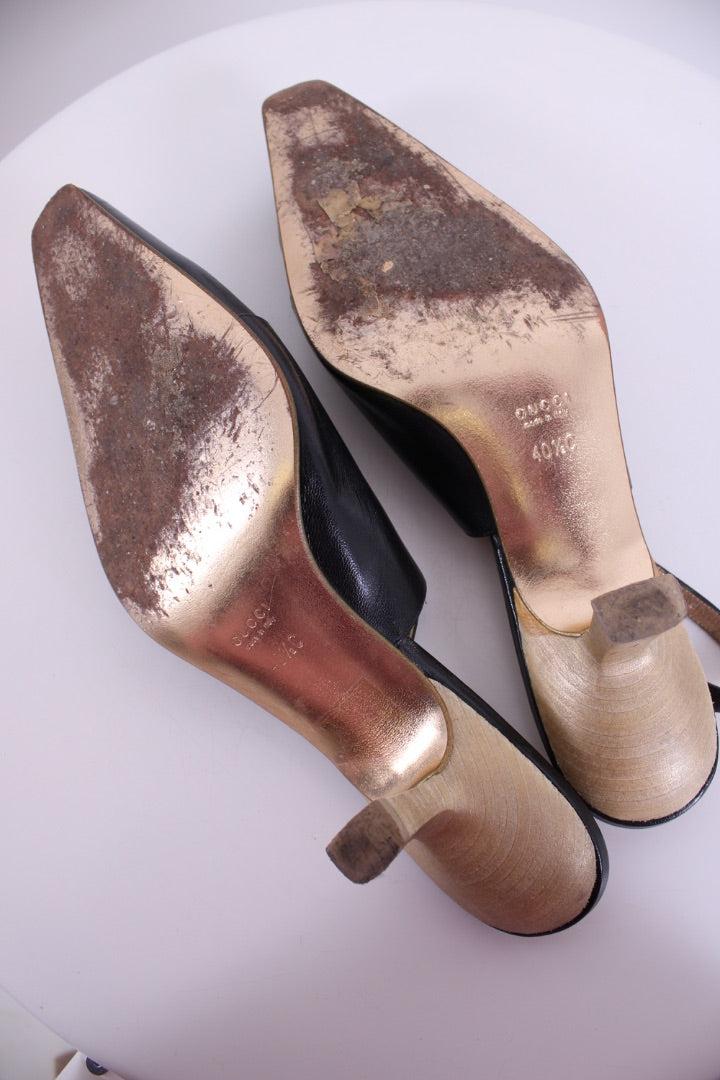Gucci Dragon Accent Slingback Heels Black/ Gold 40.5 | DEFAULT TITLE, Black