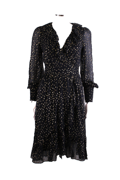 Zimmermann L/S Metallic Polka Dot Wrap Dress Navy/ Gold 8 | O/S, Gold