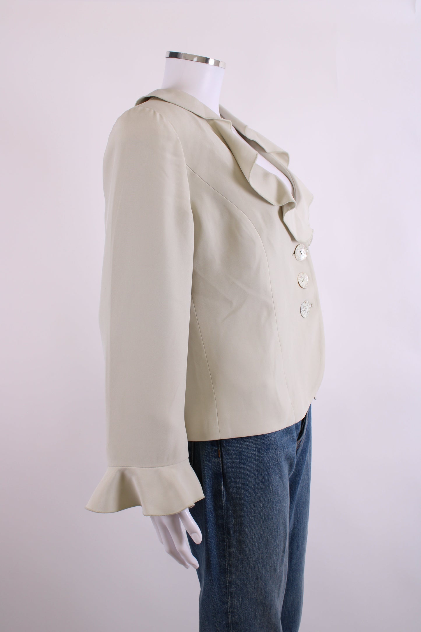 Armani Collezioni Ruffle Collar Button Detail Blazer Green M | O/S, Green