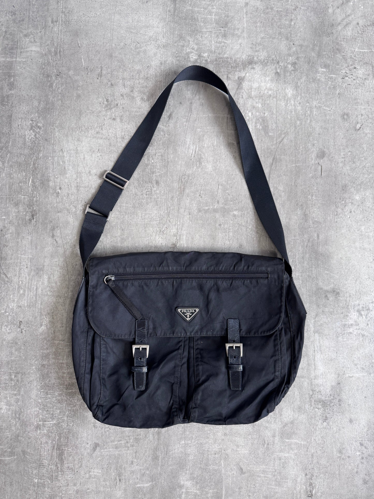 Prada Black Logo Plaque Nylon Messenger Bag