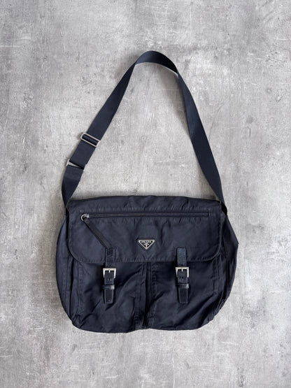 Prada Black Logo Plaque Nylon Messenger Bag