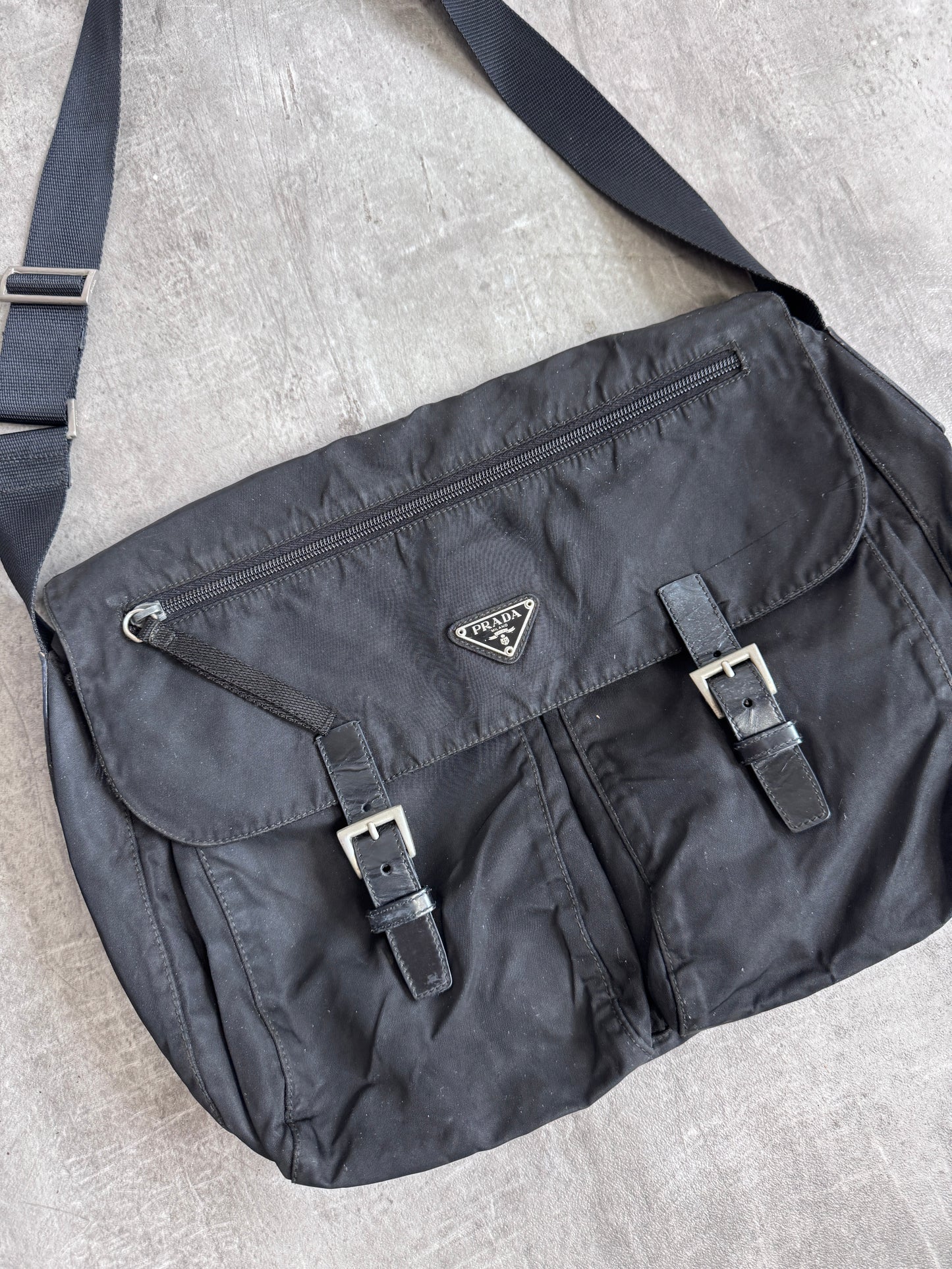 Prada Black Logo Plaque Nylon Messenger Bag