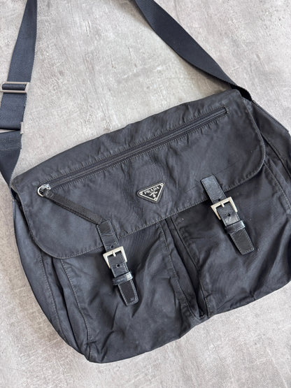 Prada Black Logo Plaque Nylon Messenger Bag