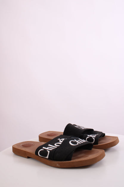 Chloe Woody Logo Mule Sandals Black 39 | O/S, Black