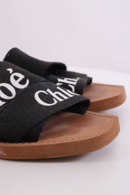 Chloe Woody Logo Mule Sandals Black 39 | O/S, Black