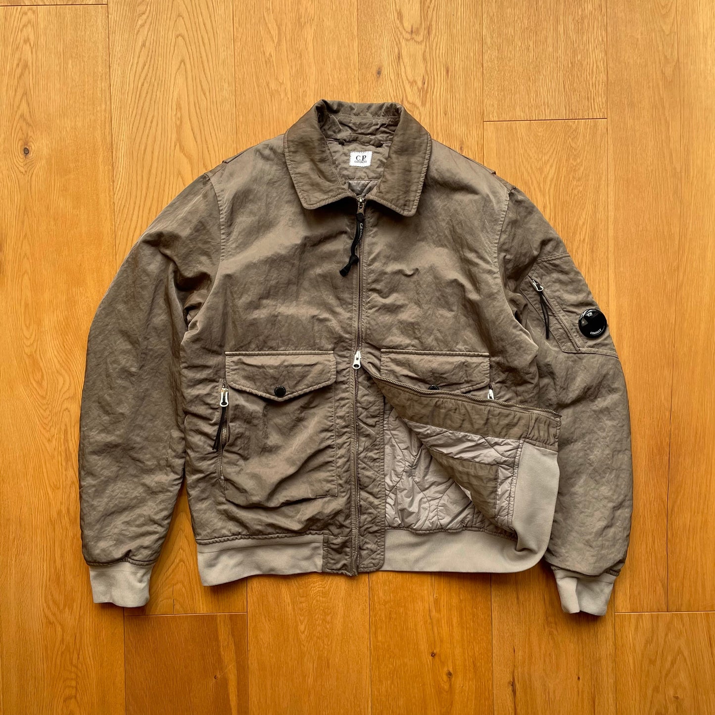 C.P. Company Nylon B Grey Shimmer Bomber Jacket | Large, Grey