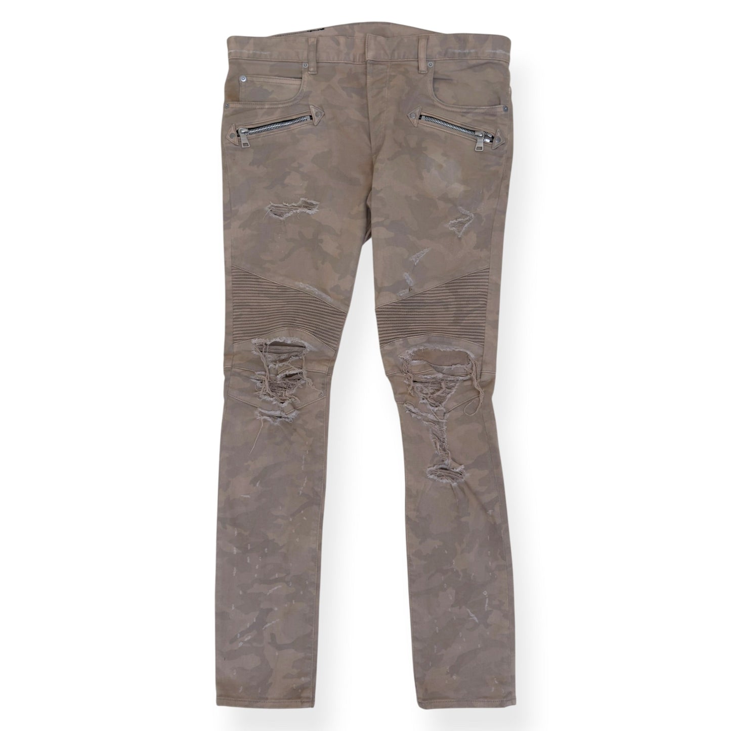 BALMAIN DISTRESSED CAMO BIKER SKINNY DENIM JEANS SAND W32” | W32, Camo