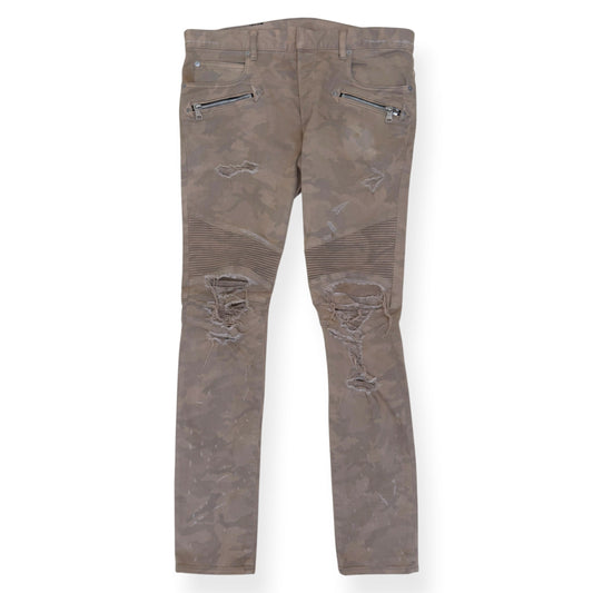 BALMAIN DISTRESSED CAMO BIKER SKINNY DENIM JEANS SAND W32” | W32, Camo
