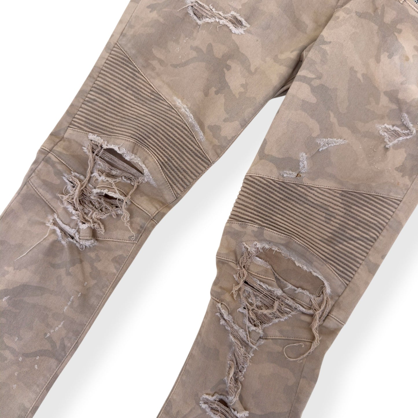 BALMAIN DISTRESSED CAMO BIKER SKINNY DENIM JEANS SAND W32” | W32, Camo
