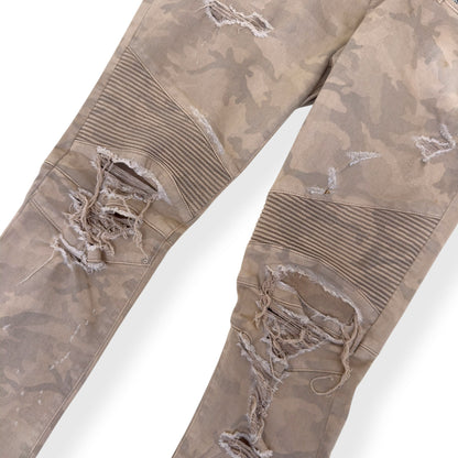 BALMAIN DISTRESSED CAMO BIKER SKINNY DENIM JEANS SAND W32” | W32, Camo