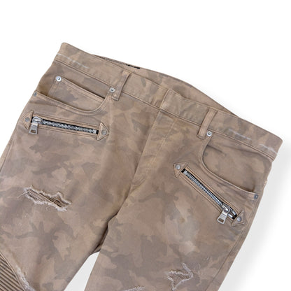 BALMAIN DISTRESSED CAMO BIKER SKINNY DENIM JEANS SAND W32” | W32, Camo