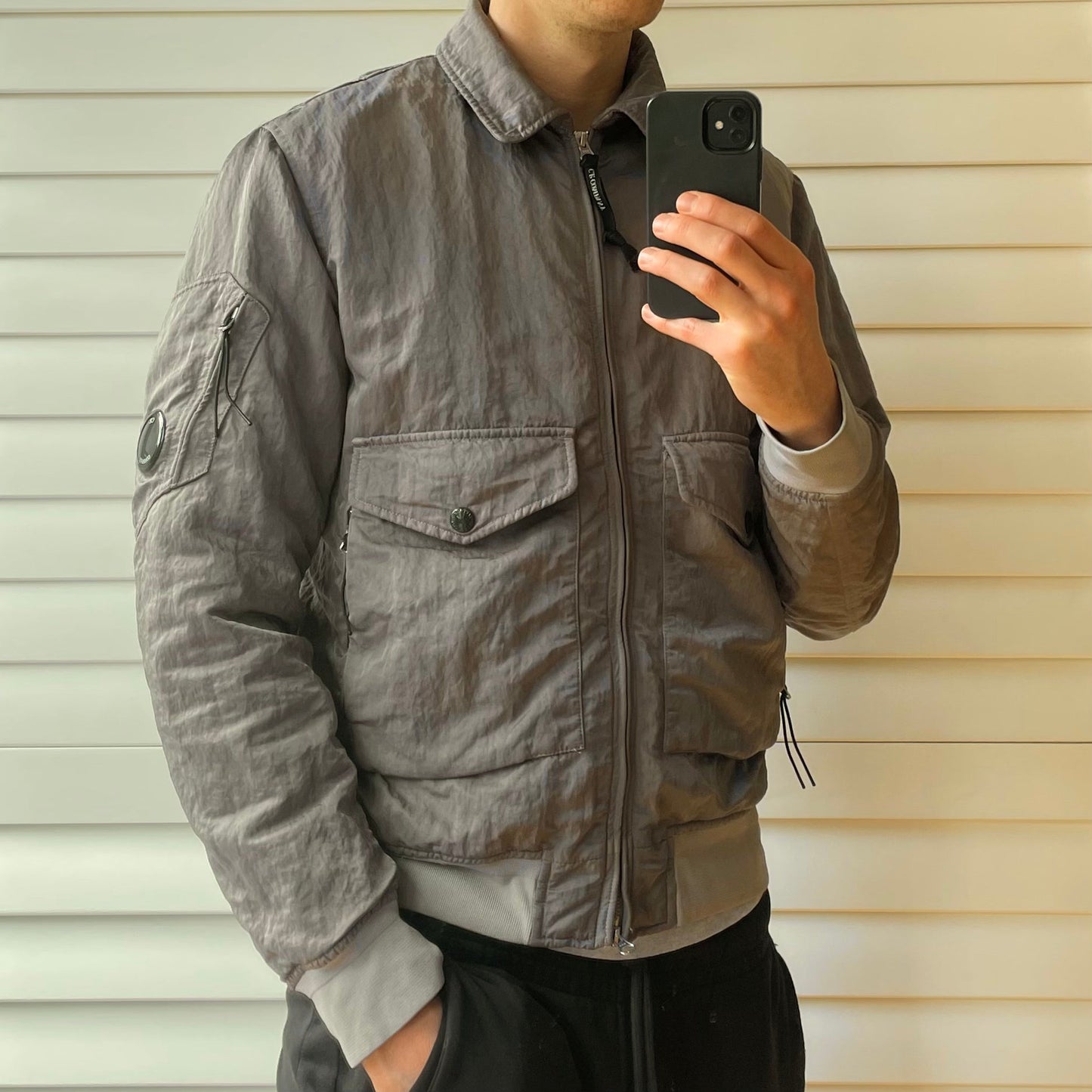 C.P. Company Nylon B Grey Shimmer Bomber Jacket | Large, Grey