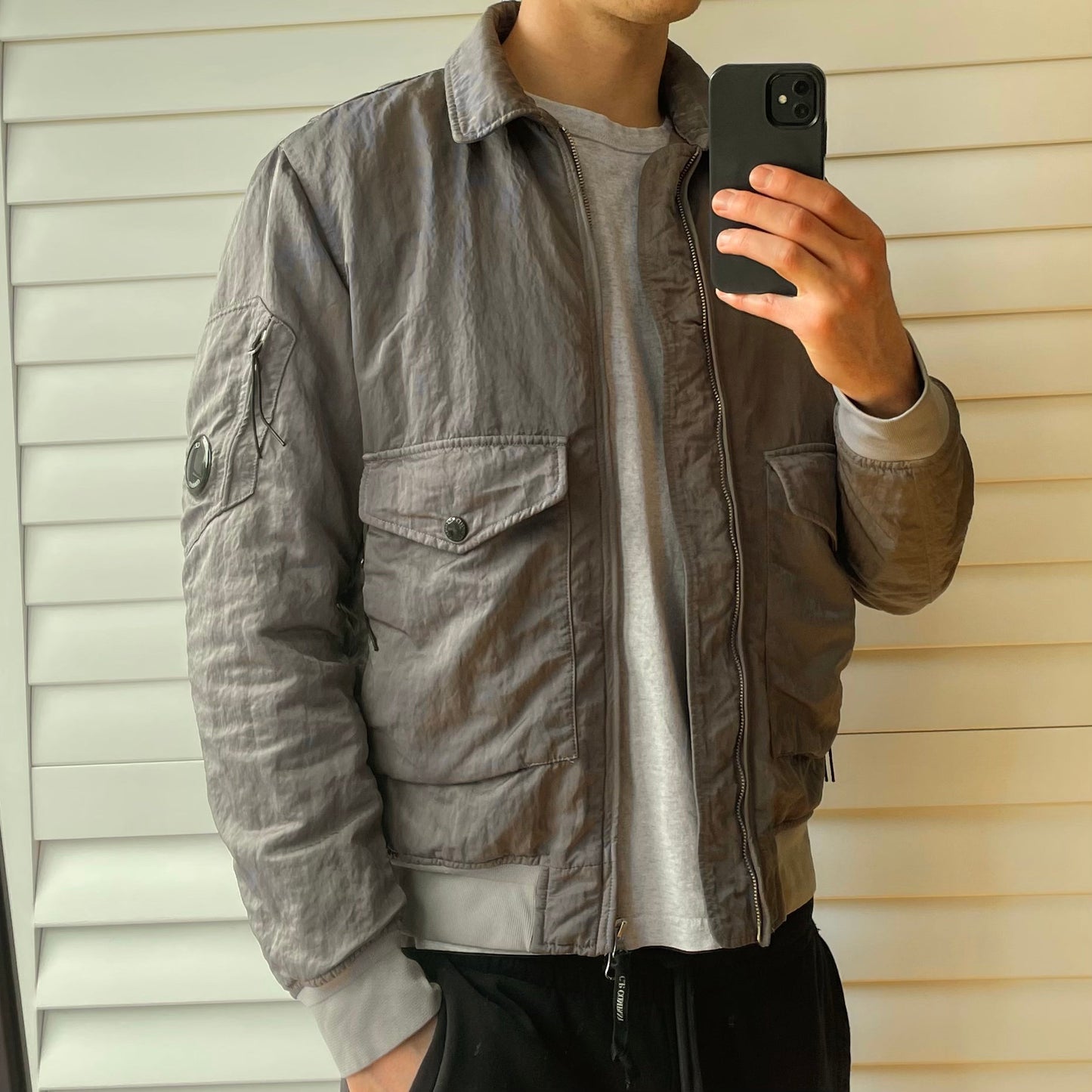 C.P. Company Nylon B Grey Shimmer Bomber Jacket | Large, Grey