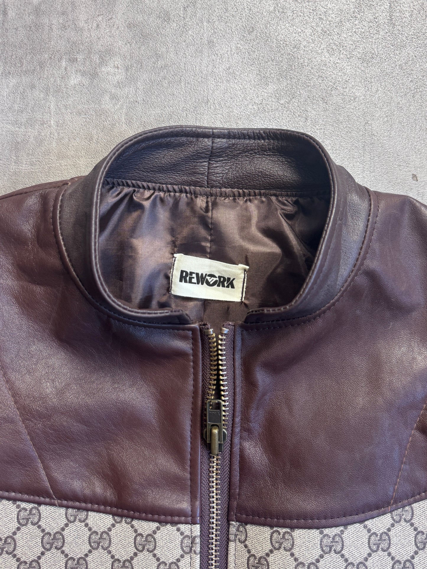 VT Rework: Gucci Monogram Boxy Brown Leather Cropped Jacket