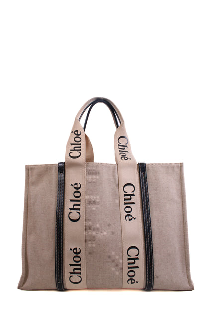 Chloe Woody Logo Canvas Tote Bag Beige Large | O/S, Beige