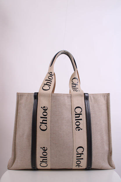 Chloe Woody Logo Canvas Tote Bag Beige Large | O/S, Beige
