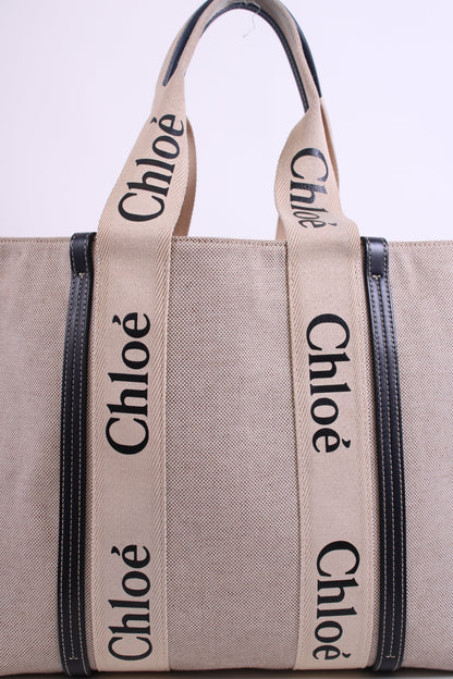 Chloe Woody Logo Canvas Tote Bag Beige Large | O/S, Beige