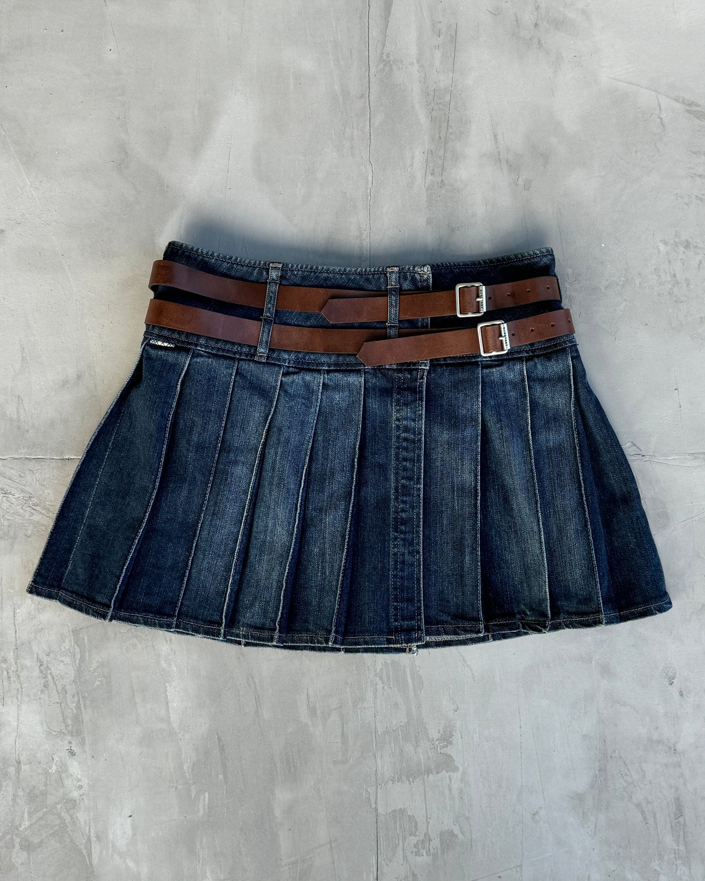BURBERRY WRAP DOUBLE BELT PLEATED DENIM SKIRT - S/M | S/M, Blue