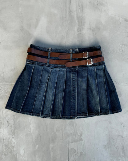 BURBERRY WRAP DOUBLE BELT PLEATED DENIM SKIRT - S/M | S/M, Blue