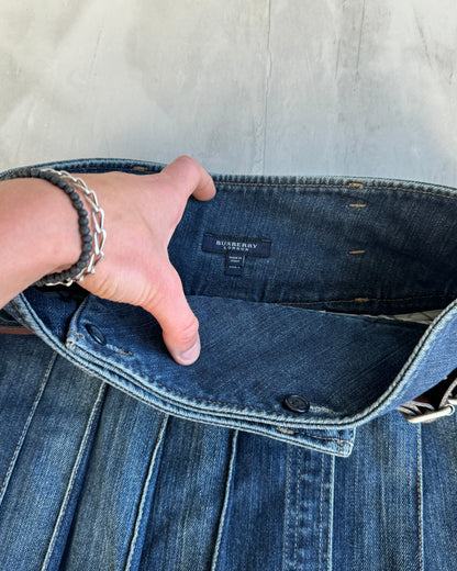 BURBERRY WRAP DOUBLE BELT PLEATED DENIM SKIRT - S/M | S/M, Blue