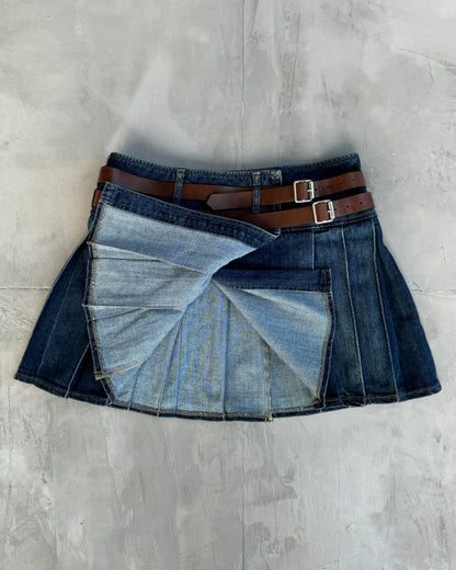 BURBERRY WRAP DOUBLE BELT PLEATED DENIM SKIRT - S/M | S/M, Blue