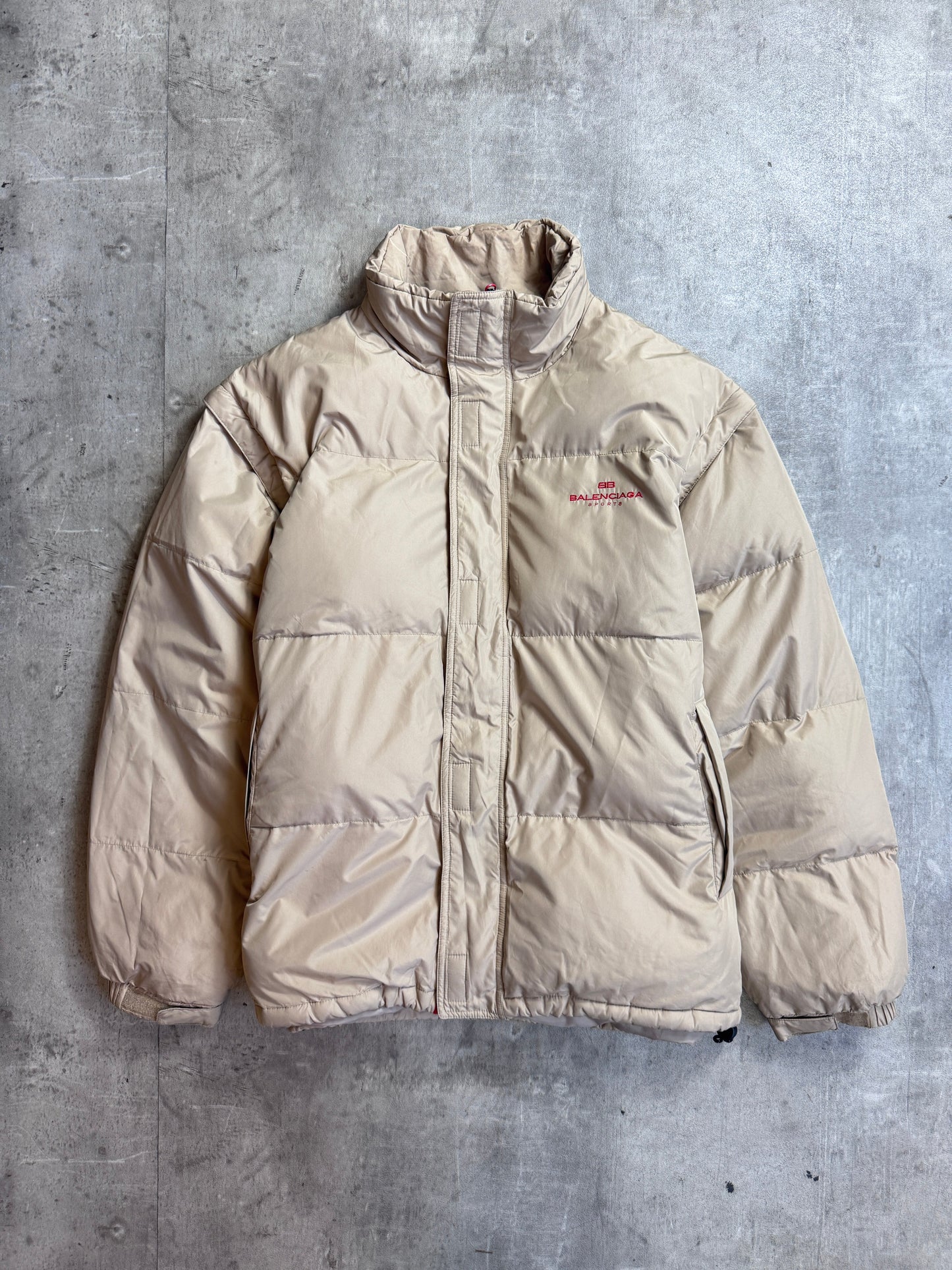 Balenciaga Sports Beige Removable Arms Red Stripe Detailed Puffer
