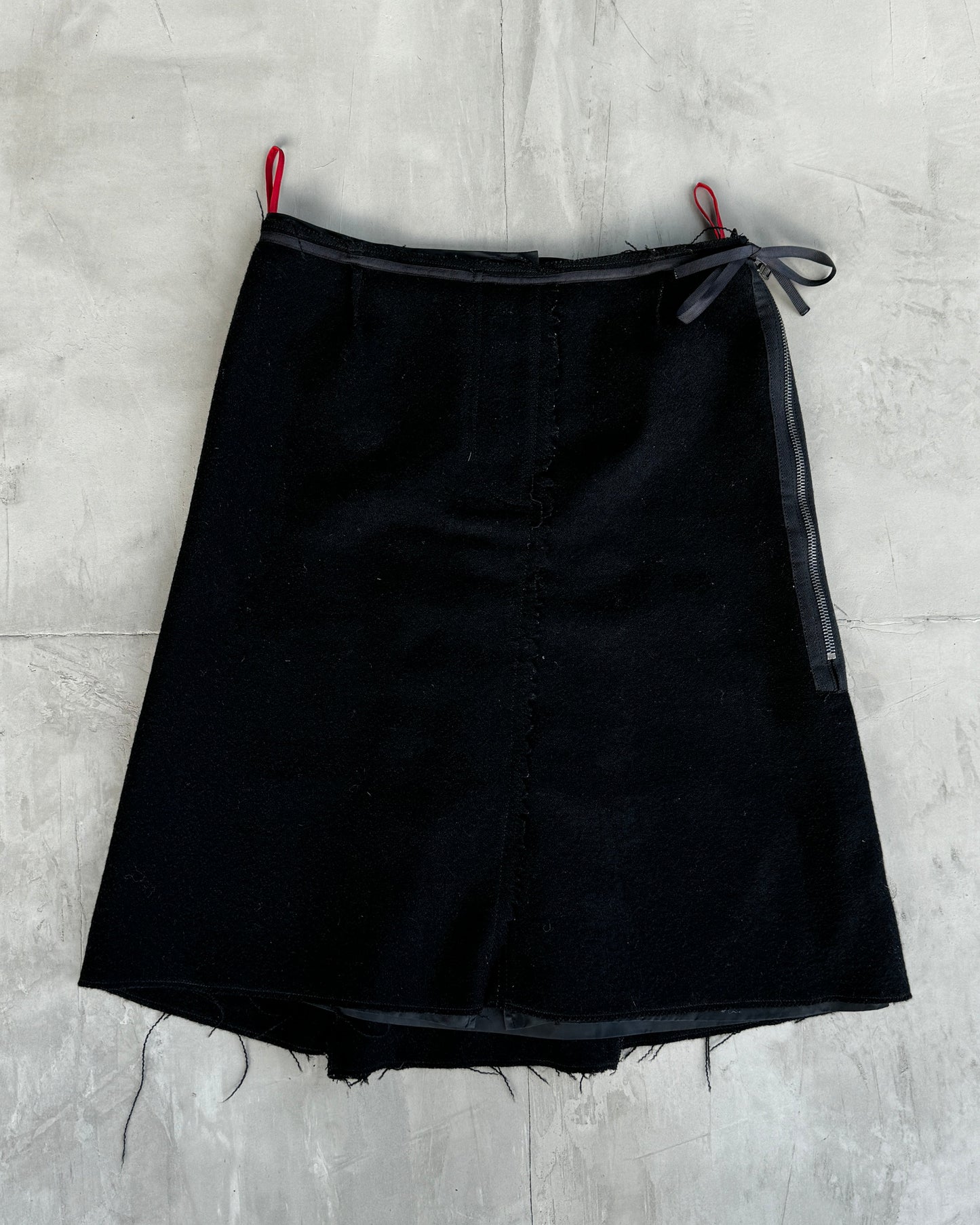 PRADA SPORT BLACK WOOL DISTRESSED HEM MIDI SKIRT - M/L