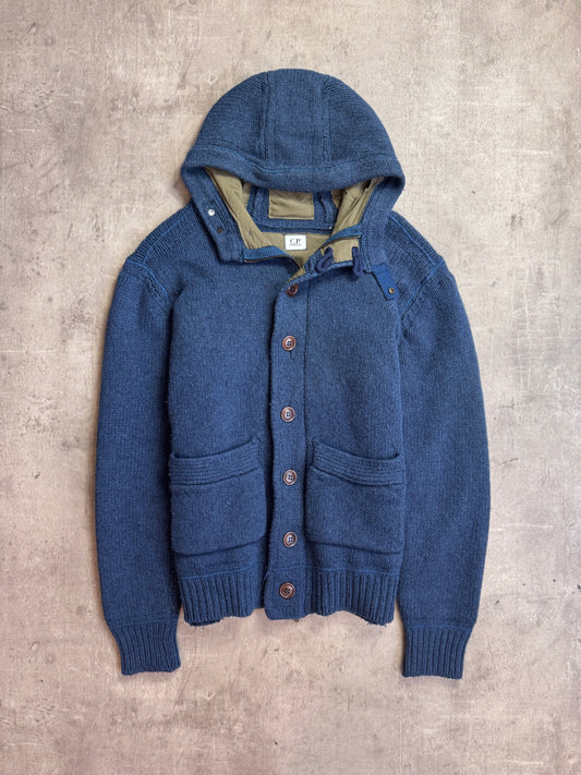 C.P. Company Navy Blue Button Down Hooded Lined Knit Cardigan