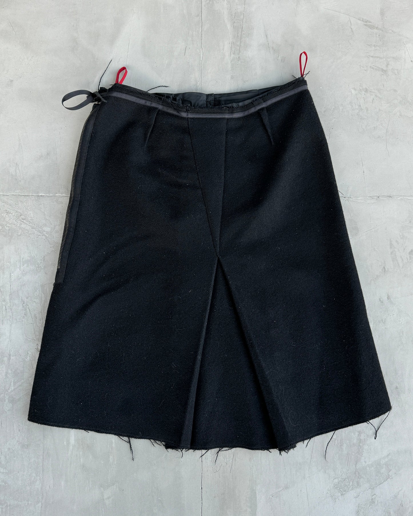 PRADA SPORT BLACK WOOL DISTRESSED HEM MIDI SKIRT - M/L