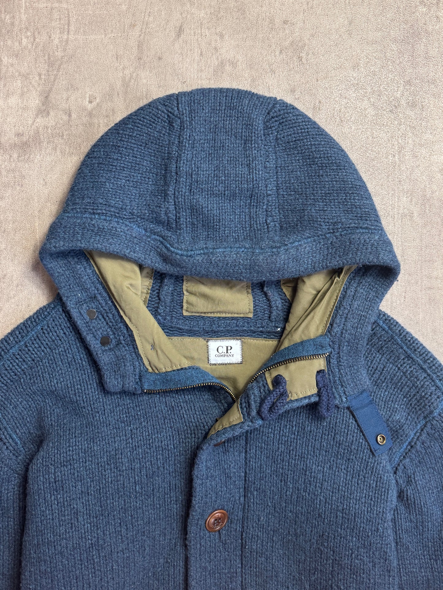 C.P. Company Navy Blue Button Down Hooded Lined Knit Cardigan