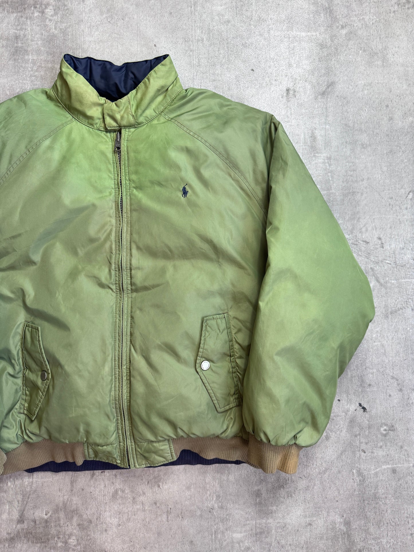 Ralph Lauren Khaki Reversible Poly Navy Lined Down Bomber
