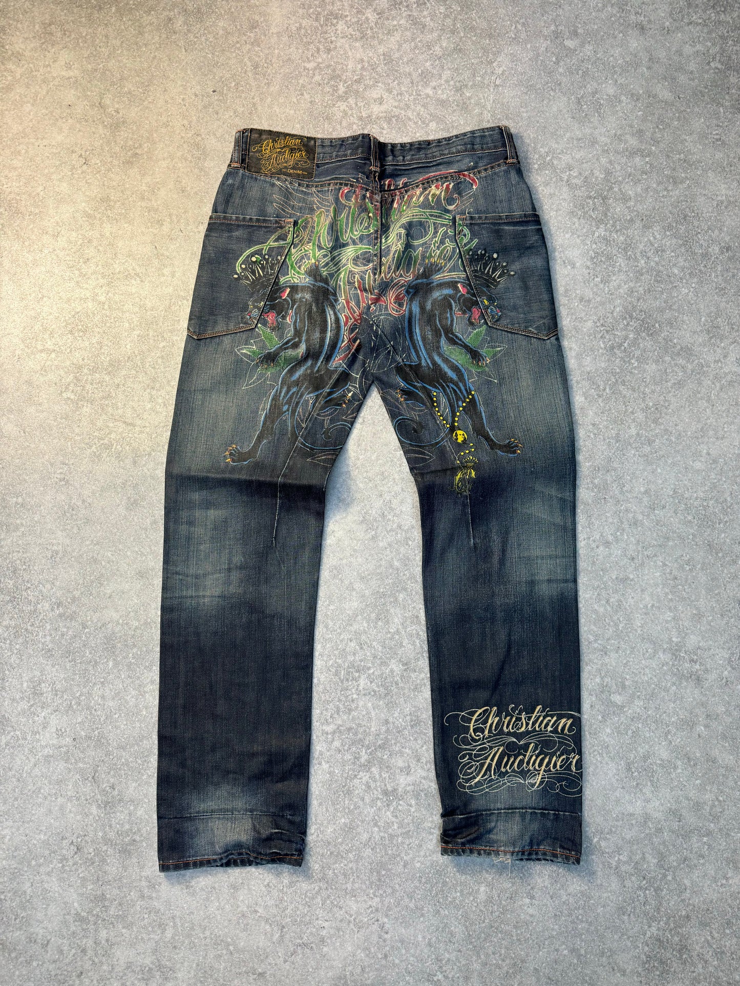 Christian Audigier Puma Graphitti Graphic Distressed Denim Jeans