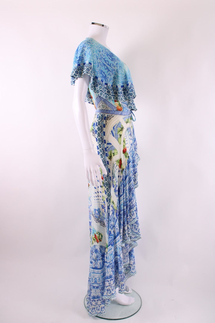 Camilla S/S Ruffle Print Dress Blue/ White S | Default Title, Blue