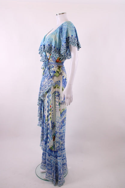 Camilla S/S Ruffle Print Dress Blue/ White S | Default Title, Blue