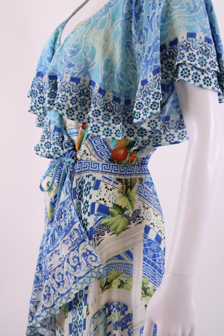 Camilla S/S Ruffle Print Dress Blue/ White S | Default Title, Blue