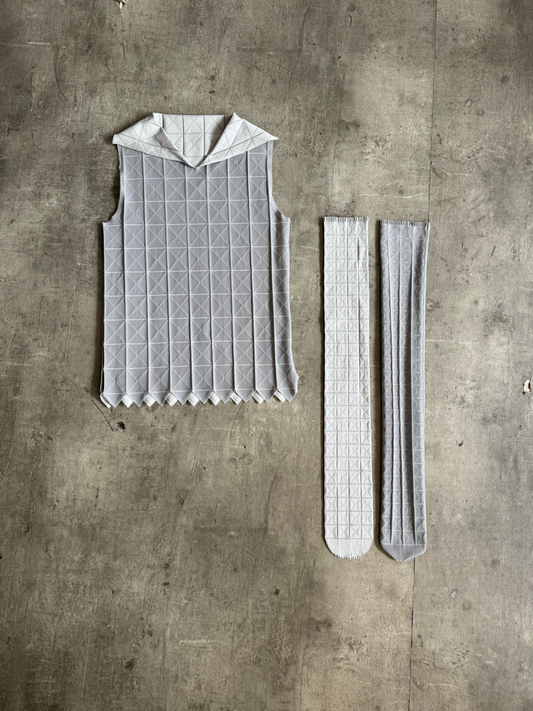 Issey Miyake Grey 132 5 Line Origami Top With Matching Tassel Knee Highs | Small, Multicoloured