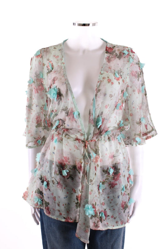 Elena Makri S/S Floral Applique Tunic Blouse Beige/ Mint S | Default Title, Beige