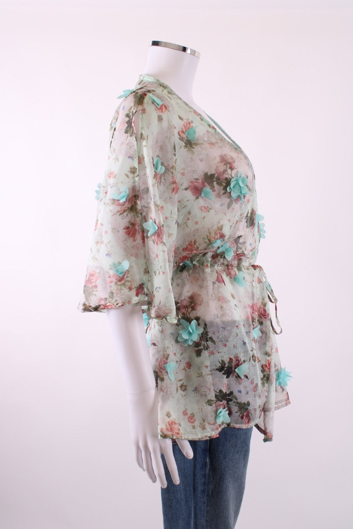 Elena Makri S/S Floral Applique Tunic Blouse Beige/ Mint S | Default Title, Beige