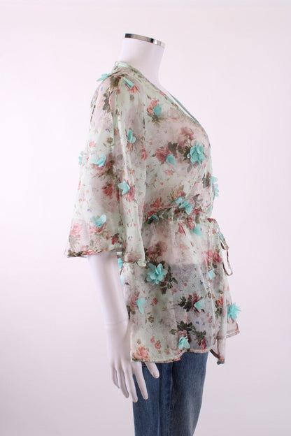 Elena Makri S/S Floral Applique Tunic Blouse Beige/ Mint S | Default Title, Beige