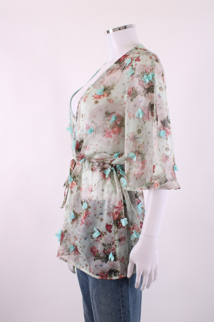 Elena Makri S/S Floral Applique Tunic Blouse Beige/ Mint S | Default Title, Beige