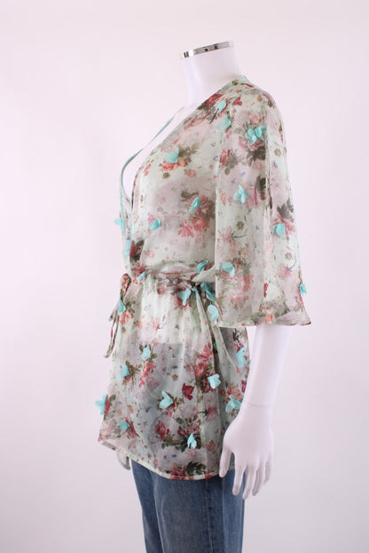 Elena Makri S/S Floral Applique Tunic Blouse Beige/ Mint S | Default Title, Beige