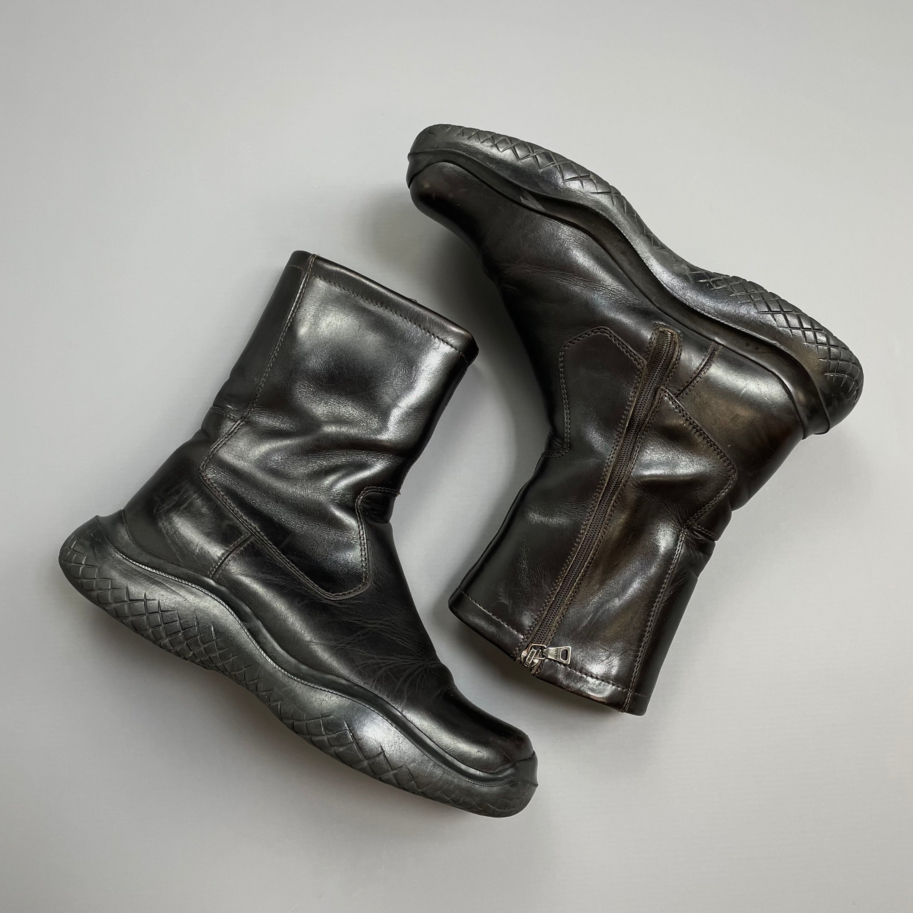 Prada Sport Black FW99 Leather Vibram Sole Zip-Up Biker Boots