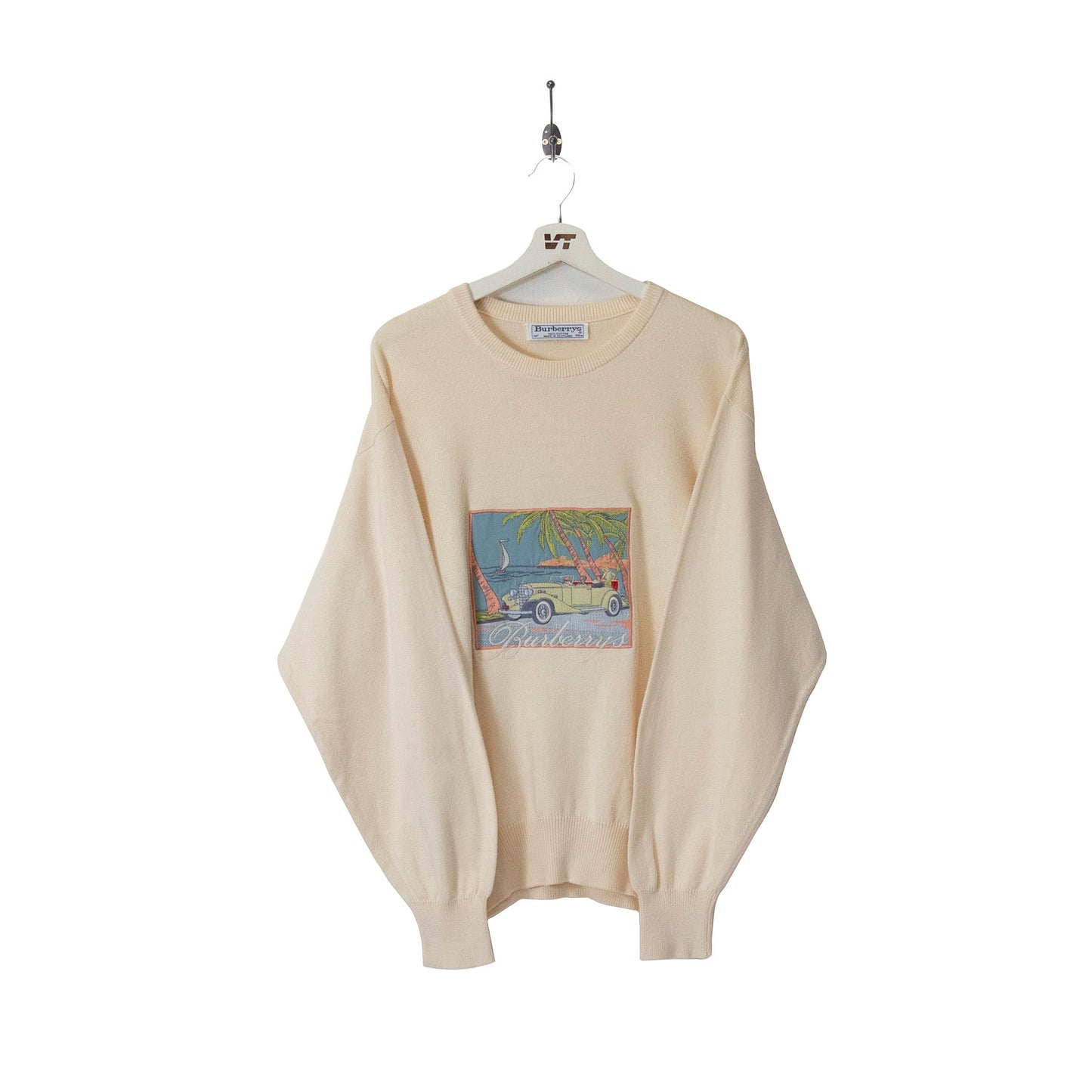Burberry Car Embroidery Knitted Sweater Cream