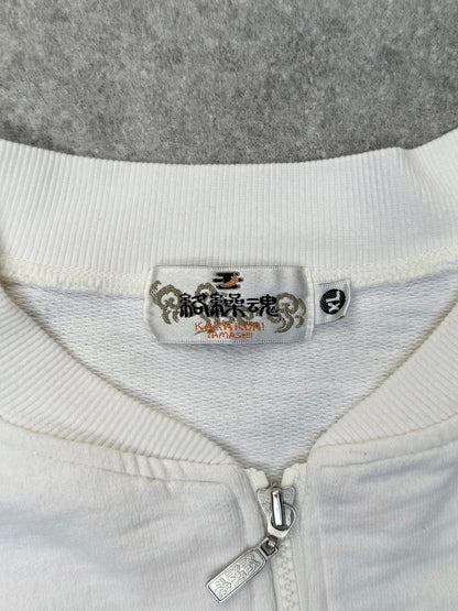 Karakuri Dragon Embroidered White Zip Up Sweater