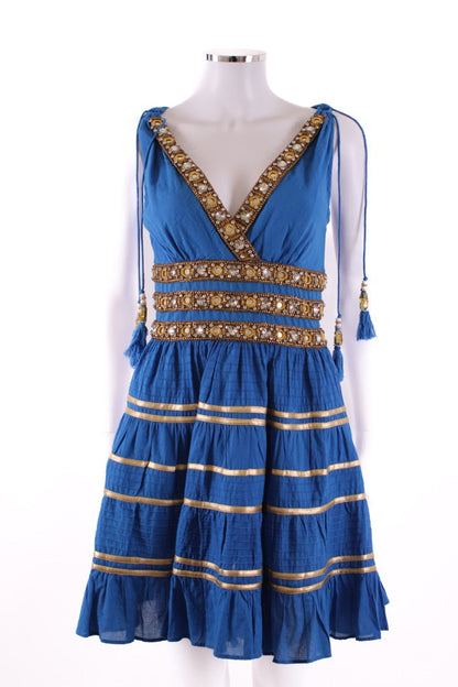 Las Noches Ibiza S/S Beaded Detail Dress Blue/ Gold S | Default Title, Blue