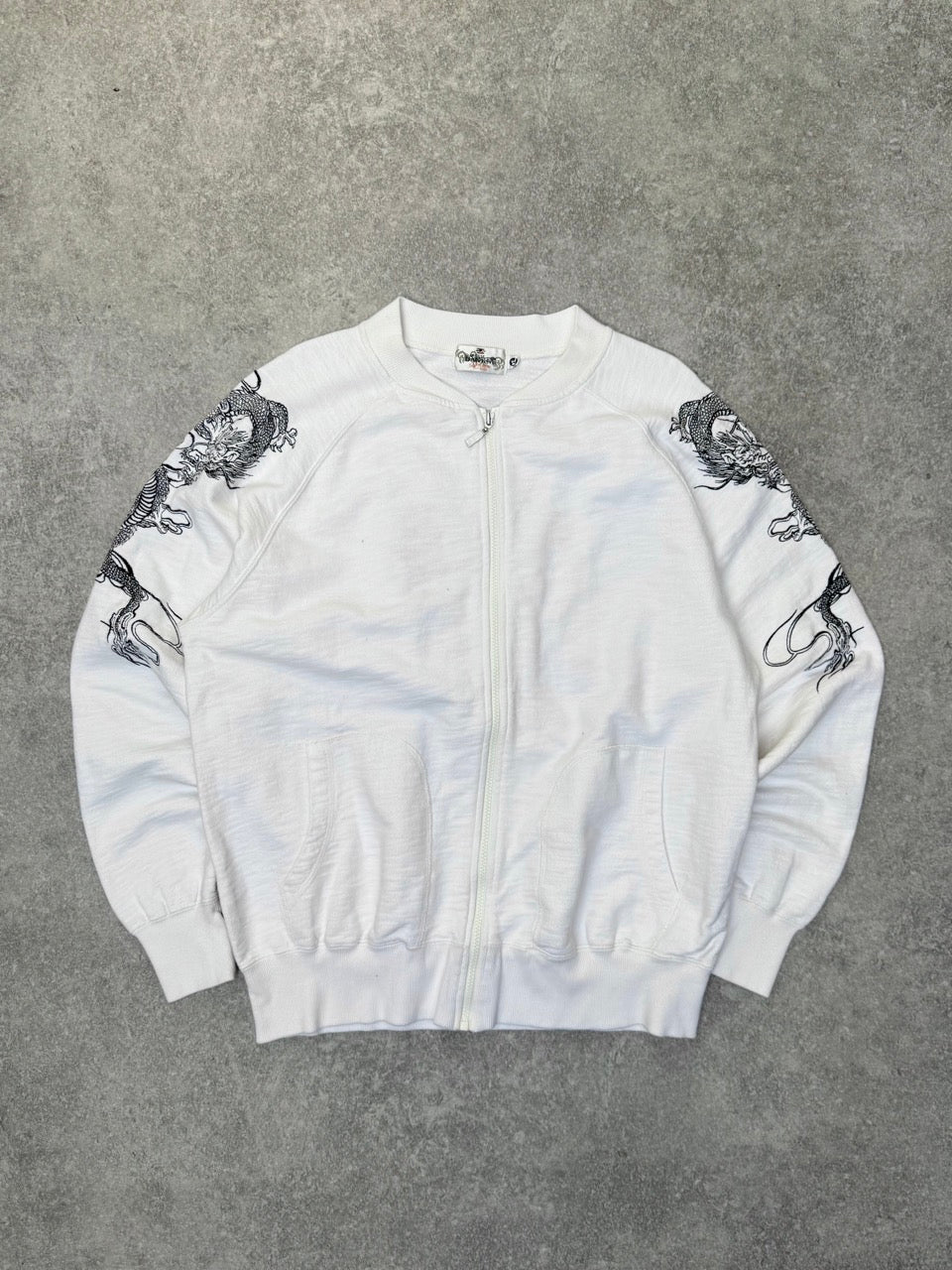 Karakuri Dragon Embroidered White Zip Up Sweater