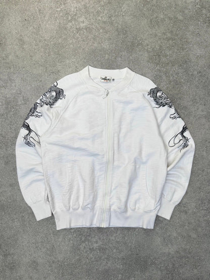 Karakuri Dragon Embroidered White Zip Up Sweater