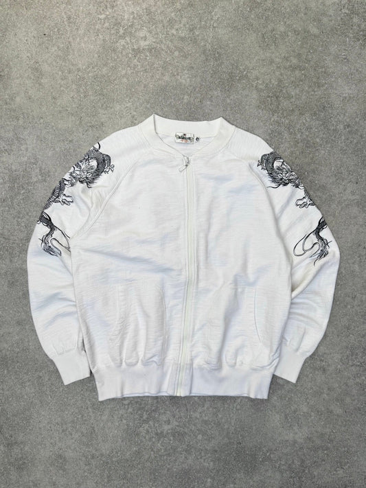 Karakuri Dragon Embroidered White Zip Up Sweater
